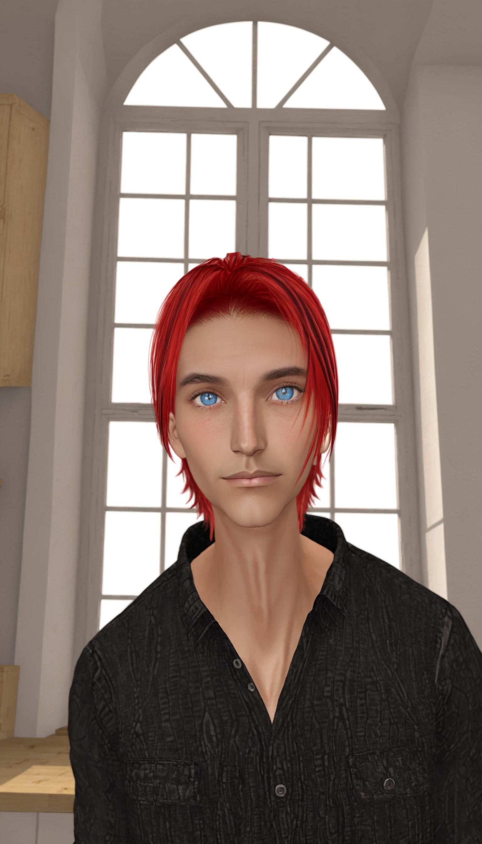 <lora:CharlieRodriguezXL:1> 1boy, blue eyes, charlie pe'kova, dark skin, looking at viewer, nose,  red hair, shirt, short hair, solo, window, upper body, specular highlights, textured skin, masterpiece, best photography,