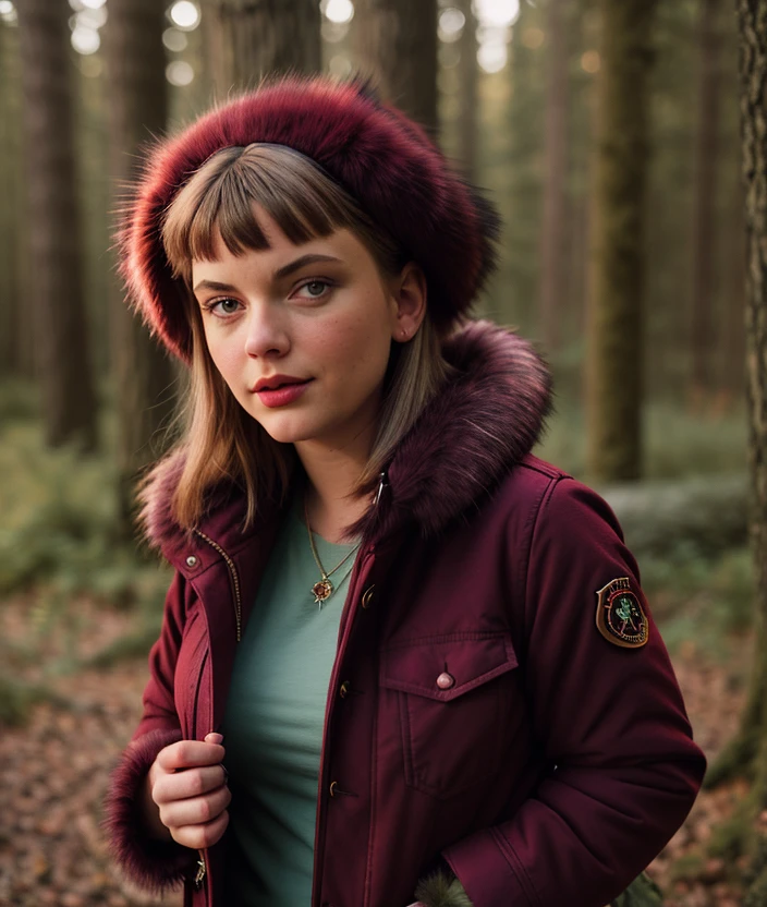 <m3g1ol9>, a beautiful woman, perfect hair, (modern photo, Oxblood Red Faux fur-trimmed parka jacket with multiple pockets and a versatile khaki color), closeup portrait, 85mm, (analog, cinematic, film grain:1.3), (fairy forest:1.2), detailed eyes, (seductive pose), (epicPhoto), (looking at viewer), jewelry, (cinematic shot:1.3)