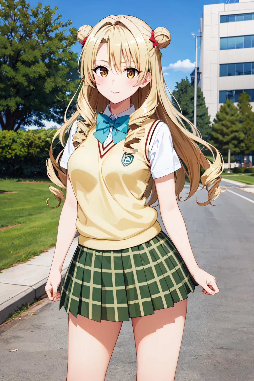 masterpiece, best quality, highres, 1girl, solo, long hair, blonde hair, double bun, drill hair, brown eyes, school uniform, green bowtie, white shirt, sweater vest, yellow vest, short sleeves, plaid skirt, green skirt, <lora:tenjouin_saki_v1:0.7>, standing, cowboy shot, outdoors,