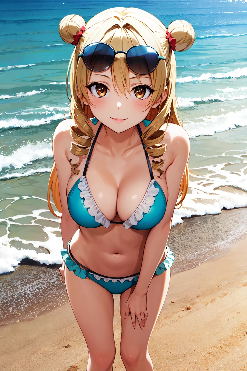 masterpiece, best quality, highres, 1girl, solo, long hair, blonde hair, double bun, drill hair, brown eyes, <lora:tenjouin_saki_v1:0.7>, bikini, frills, beach, smile, sunglasses, standing,