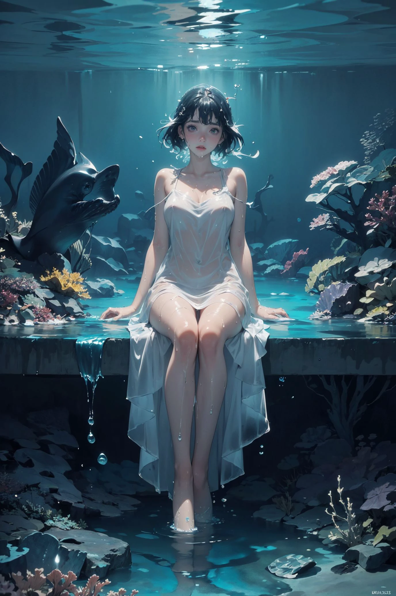 2Dstyle, (anime, 2D cartoon,illustration),(wide hip, large breasts, perfect slender young girl body)
,Perfectly glossy skin ,25 yo mature girl,shiny_and_glossy_skin
,
(((
GirlInWater, ((beautiful woman emerging out of water, lower body underwater, wet skin, wet sheer dress, soaking wet,
Picture a civilization within the depths of the ocean, where advanced underwater cities thrive, and marine life and humans live in harmony. Depict scenes of merfolk and aquatic beings interacting with humans, exploring the underwater metropolis, and contributing to a society that embraces the wonders of the ocean. Atmosphere: Convey the immersive and aquatic atmosphere of a civilization beneath the ocean, showcasing the coexistence of marine life and human ingenuity in the underwater cities. Style: Futuristic digital art with attention to underwater city details, diverse aquatic beings, and the expressions of collaboration and exploration between oceanic inhabitants. Lighting: Use bioluminescent and futuristic lighting to enhance the underwater and otherworldly atmosphere of the oceanic civilization
)), (waterworld theme:1.3),(deep ocean theme:1.3) ,
))),
(full body)
,
