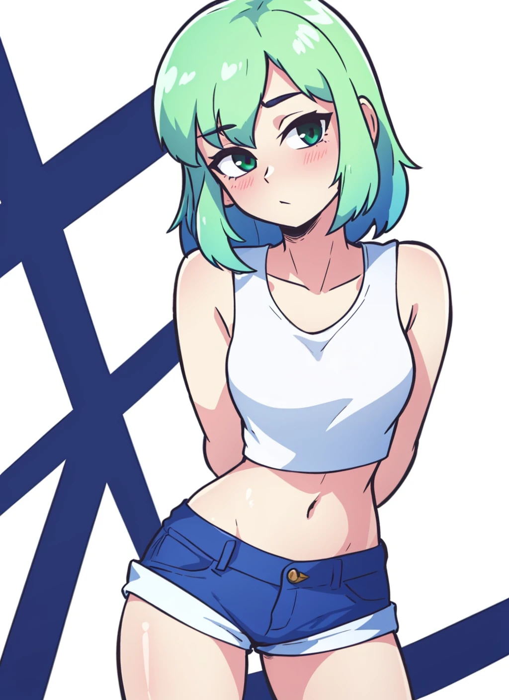 1girl, standing, blush, looking_at_viewer, shiny_skin, white_background, solo, head_tilt, arms_behind_back,  cowboy_shot, pale, white_skin, green_hair, bandaeu, jean_shorts, 
<lora:homebrew_dashi3full-000006:0.7>,