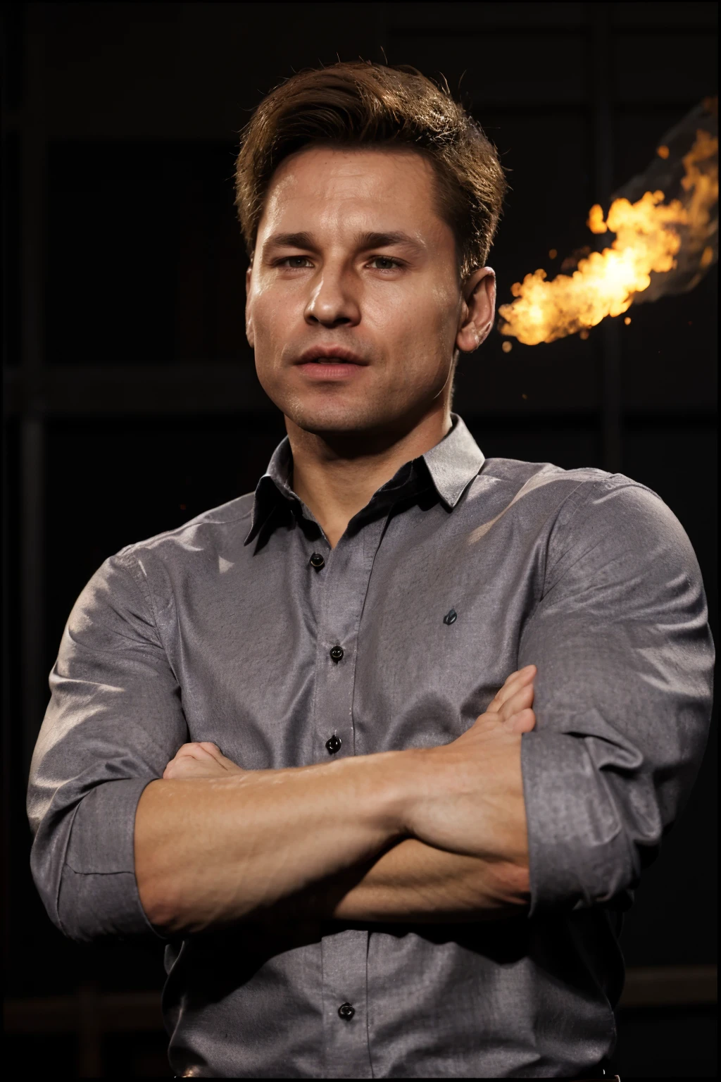 portrait of Johnny Cage,  man,  collared shirt,  crossed arms,  looking at the viewer,  full body,  simple background,  arena with fire,  professional photography,  ultra sharp focus,  tetradic colors,  photorealistic,  photo r3al, 1,  well lit scene, johnny_cage_mk1,<lora:EMS-79281-EMS:0.800000>,<lora:EMS-276104-EMS:0.800000>