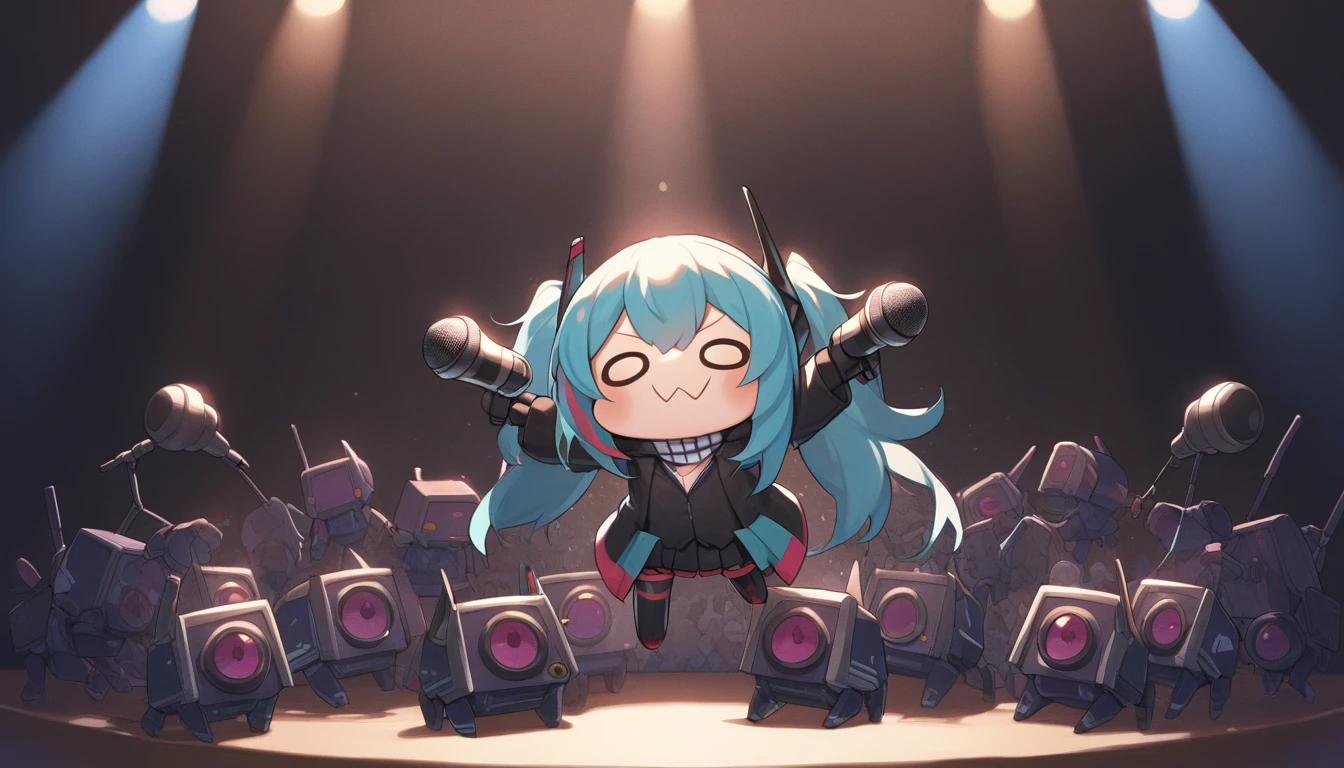 minigirl, m4_sopmod_ii_jr, dinergate_(girls'_frontline),  girls'_frontline, 0w0, chibi, looking_at_viewer, oekaki, twintails, hatsune_miku_(cosplay), holding_microphone, microphone_stand, blue hair, on stage, live, show time, spotlight, illumination, multiple robots, 6+others, 
masterpiece, best quality,