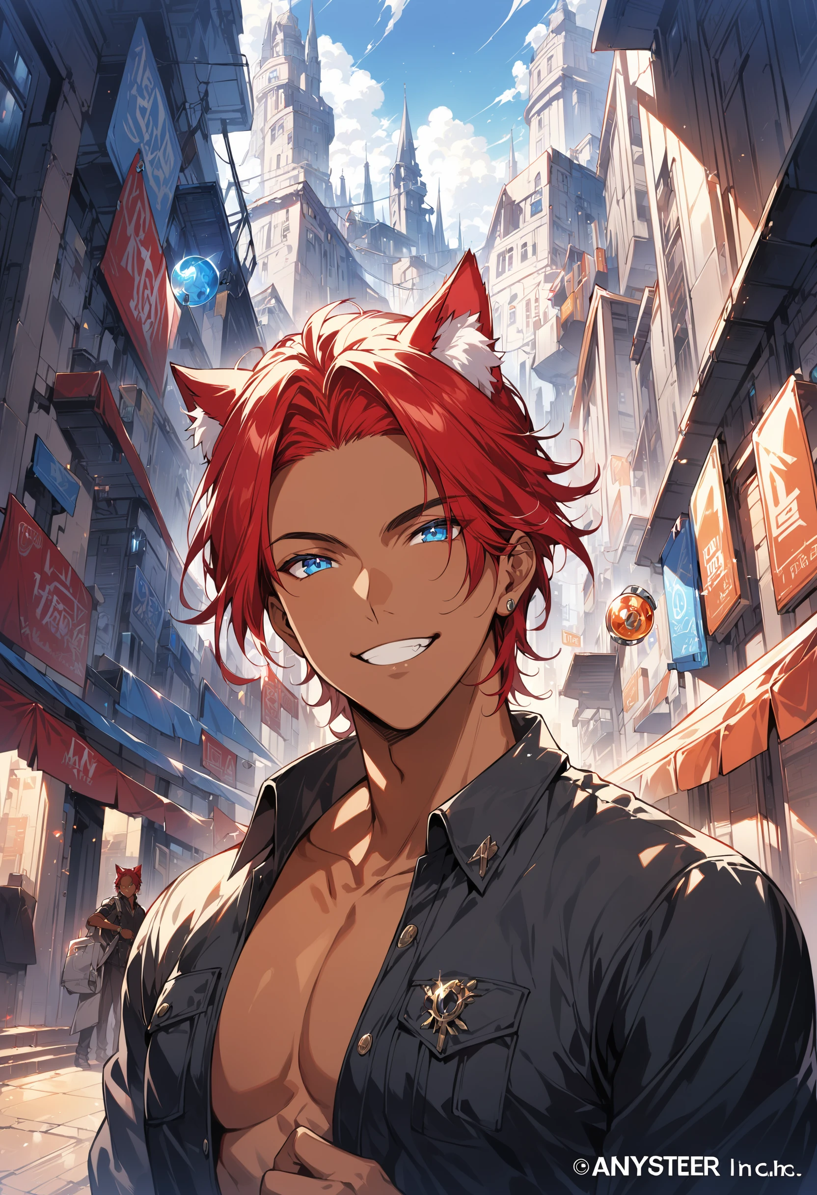 (Masterpiece, official art, best quality), dynamic lighting, light bokeh, tanned skin, tan, Charlie Pe'kova, 1boy, male focus, mature male, solo, looking at viewer, short hair, blue eyes, shirt, red hair, building, extremely detailed, (highly detailed, hyperdetailed, intricate), ((DAY TIME)), (lens flare:0.7), (bloom:0.7), raytracing, detailed eyes, detailed face, science fiction, cat ears, animal ears, grin, hispanic heritage, Ser Rodriguez the Fifteenth of the Rodriguez Dork Clan, SDXL make it poppy i swear! , <lora:CharlieRodriguezXL:0.4>