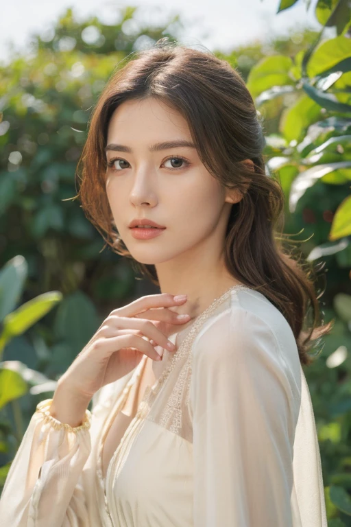 (masterpiece:1.35),(bestquality:1.4),8k,ultra-detailed,photography,(ultra-realistic:1.4),Art Composition,1girl,solo,brown hair,flower,dress,see-through,perfect skin,(extremely deteailed hair),(very detailed eyes),perfect finger,natural skin texture,
brown eyes,lips,realistic,plant,see-through sleeves,outdoors,
