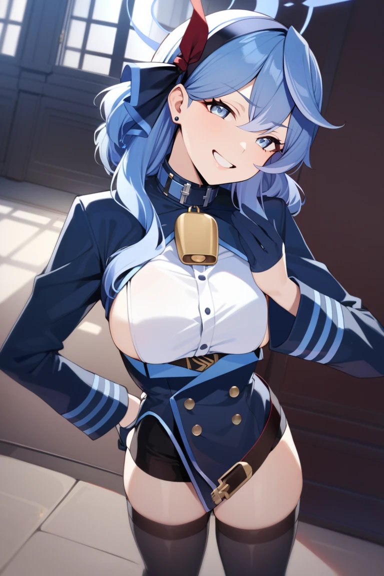 ((masterpiece)),(best quality),official art,extremely detailed CG,unity 8k wallpaper,ultra detailed,1girl,solo,cowboy shot,blue_eyes,mole_on_breast,large_breasts,blue_hair,white_headwear,smile,pleated skirt,white skirt,looking_at_viewer,white_jacket,black_gloves,short_hair,black_pantyhose,peaked_cap,hair_ornament,hairclip,cleavage,military_hat,blush,long_sleeves,bangs,medium_hair,collarbone,<lora:Chapayev(azur)>,