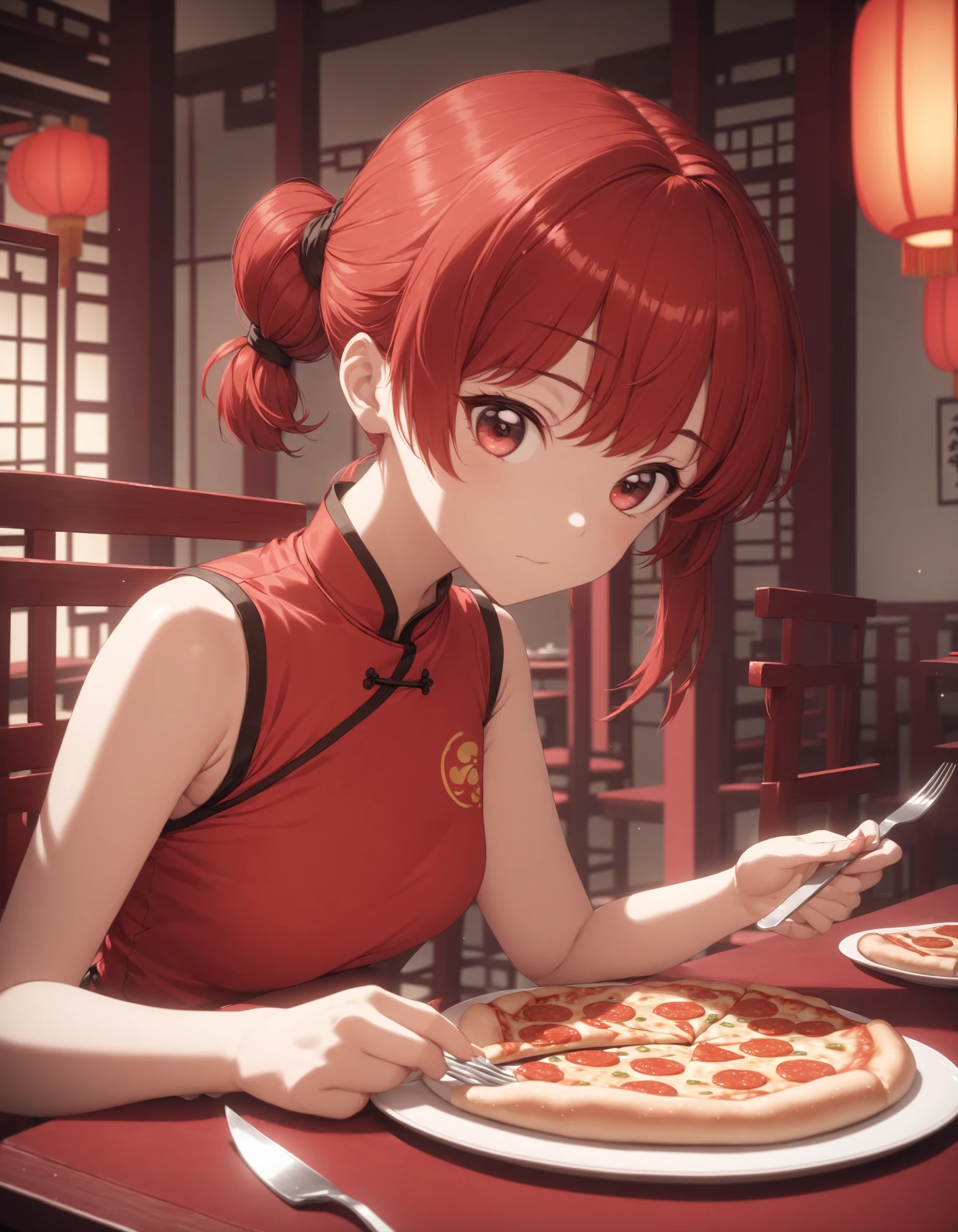 1girl, Ranma, ranma 1/2, red shirt, sleeveless, chinese clothes, sitting, looking at viewer, eating, pizza, plate, fork, knife, table, chair, table, restaurant, cinematic angle, cinematic lighting, masterpiece, best quality