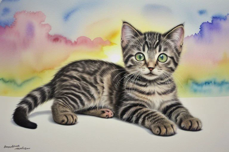 masterpiece watercolor:1 of kitten jussi , ultra detailed watercolor, hdr watercolor, focus, rare clouds, sunny