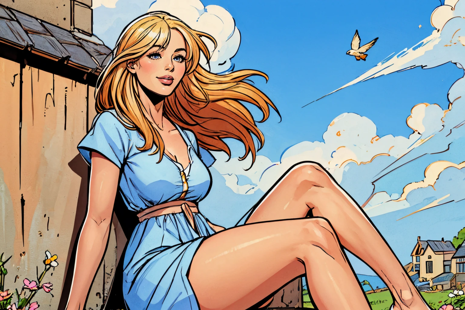 (full body, a woman sitting on a wall in a small village, coast an see in background, lots of flowers, blue sky with clouds, windy, pedels flying, dog running, cats cleaning, blue summer dress), beautiful eyes, beautiful girl, high detail skin, high detail eyes, high detail hair, highres, ultra detailed, sharpen picture, Highly detailed, masterpiece, best quality, photorealistic, cover breast with hands, cover crotch
<lora:SanSuyuLoRA:1> 1girl, blonde long hair, bangs, smile, flower in hair:1.2