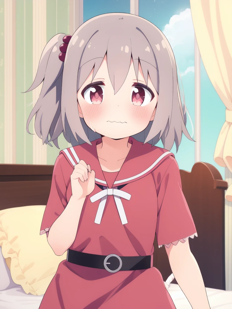 <lora:Senkawa_Minato:0.8>, SenkawaMinato, 1girl, solo, one side up, blush, hair ornament, hair bobbles, dress, sailor collar, short sleeves, closed mouth, upper body, looking at viewer, wavy mouth, belt, pink dress, room, bed,
masterpiece, high quality, very_high_resolution, large_filesize, full color,