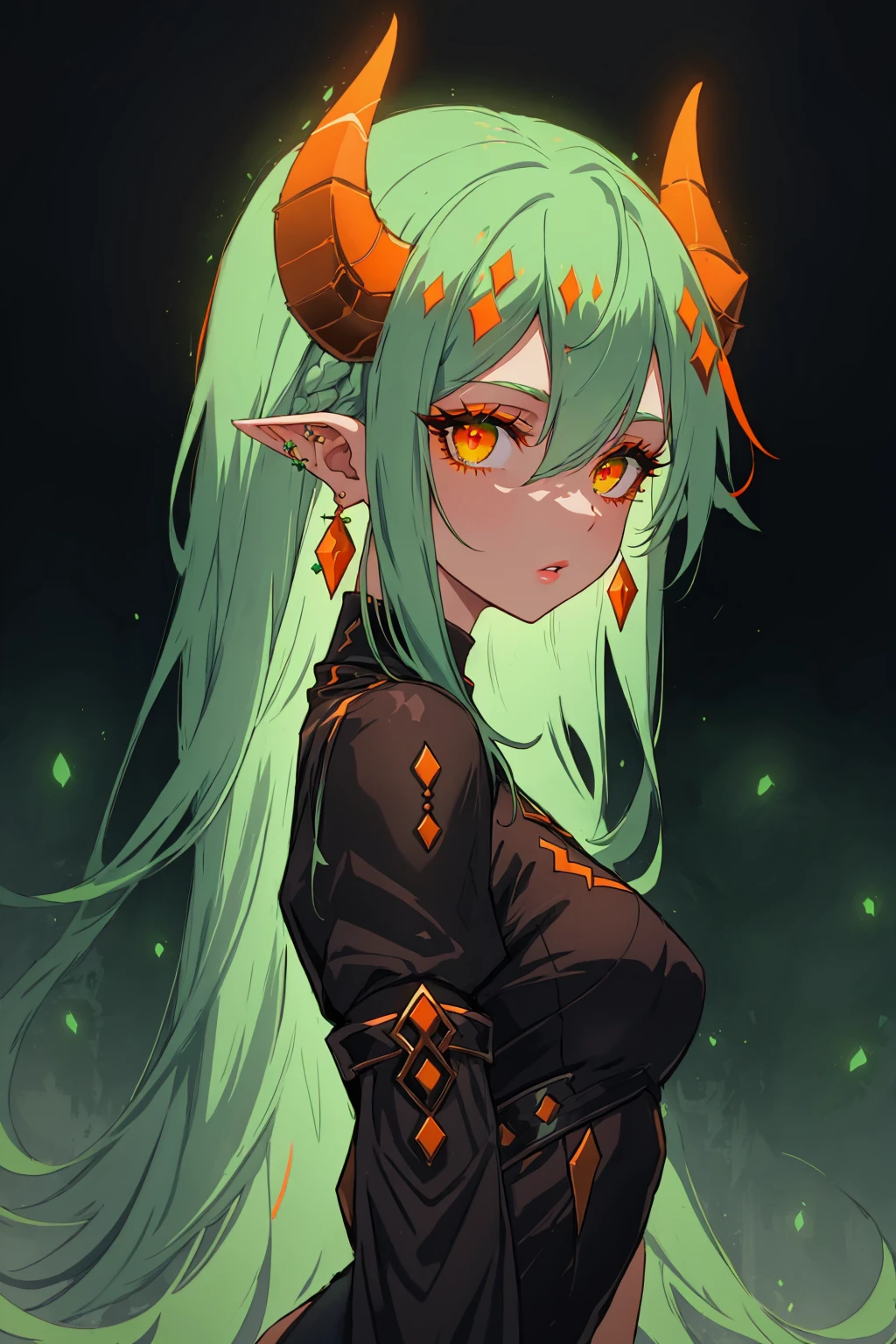 blacklightdskStyle, 1girl, solo, long hair, looking at viewer, hair between eyes, jewelry, medium breasts, upper body, earrings, parted lips, green hair, horns, from side, lips, orange eyes, eyelashes, aqua hair, glowing, demon horns, glowing eyes, masterpiece, official art, absurdres, 32k UHD, 4 point perspective, vantage point, <lora:blacklightstyle:0.8>