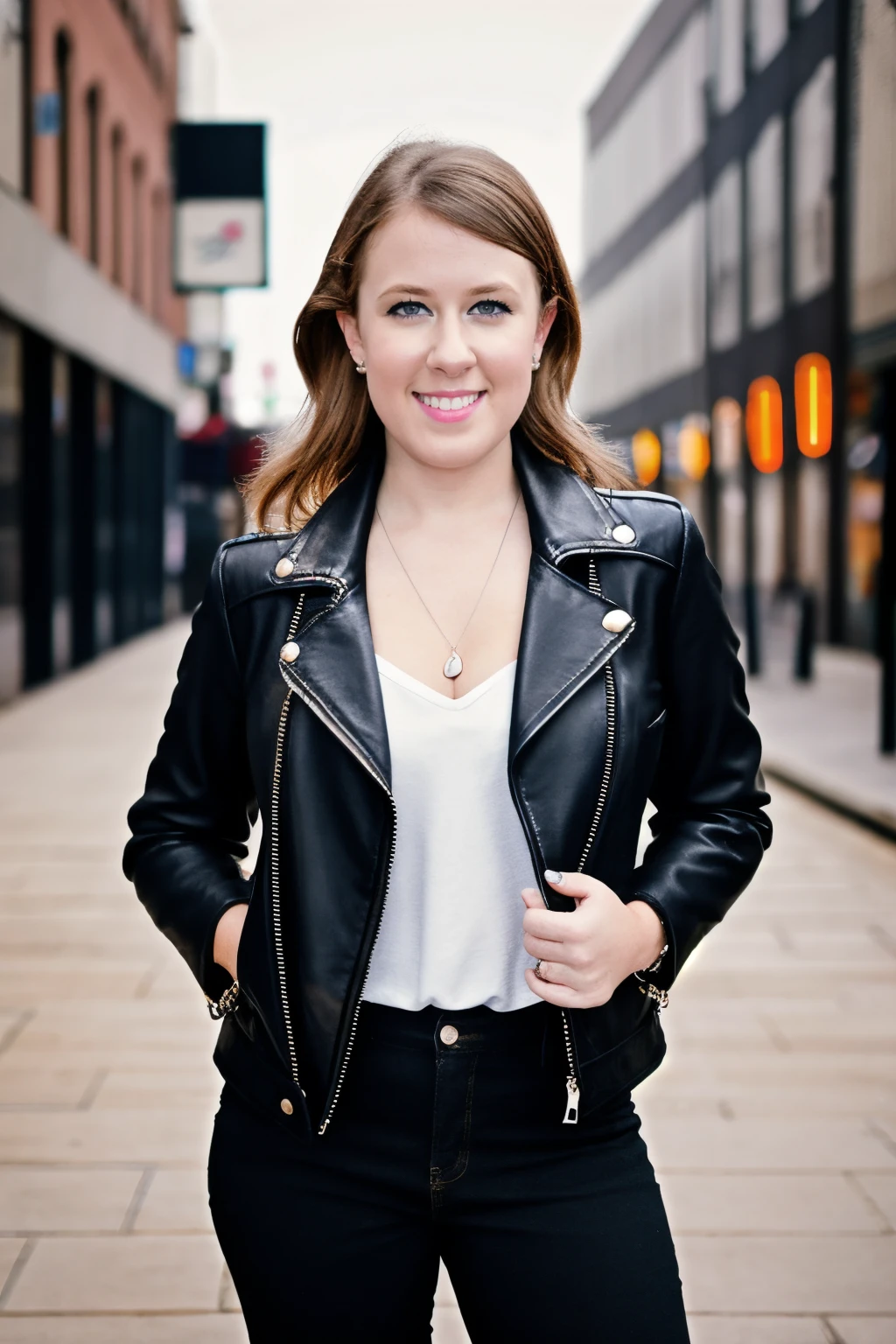 a RAW photo, portrait of brookebliss, wearing leather jacket, city street <lora:BrookeBliss:1.0>