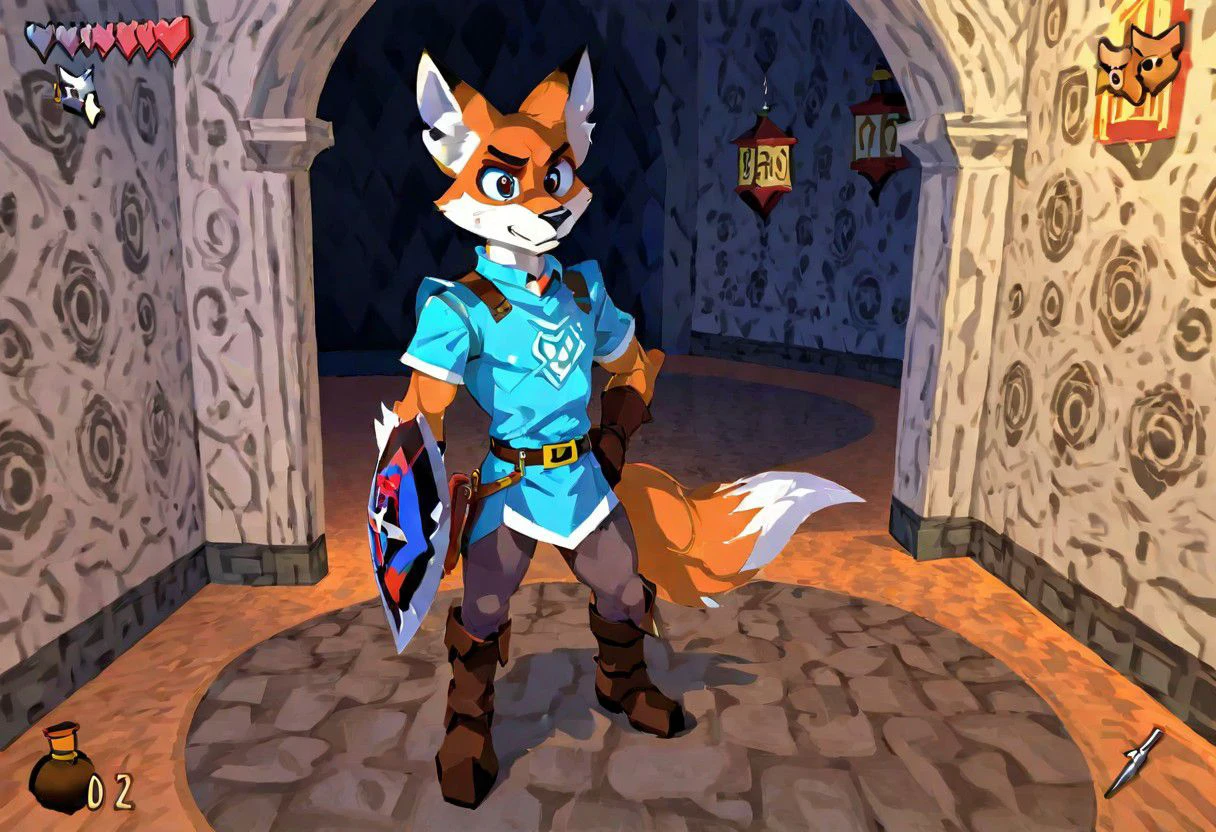 solo, male, Anthro, fox, two toned, two colored, blue tunic, brown gloves, brown belt, brown, boots, no pants, multicolored shield, fox emblem on shield, thick black eyebrows, big expressive brown eyes, cartoony, retro, playstation1 style, low resolution, low poly, 3d, 3d model, circular shadows, soft pixel lighting, cell shading, textures warping in the background, castle room, lanterns hanging on the wall