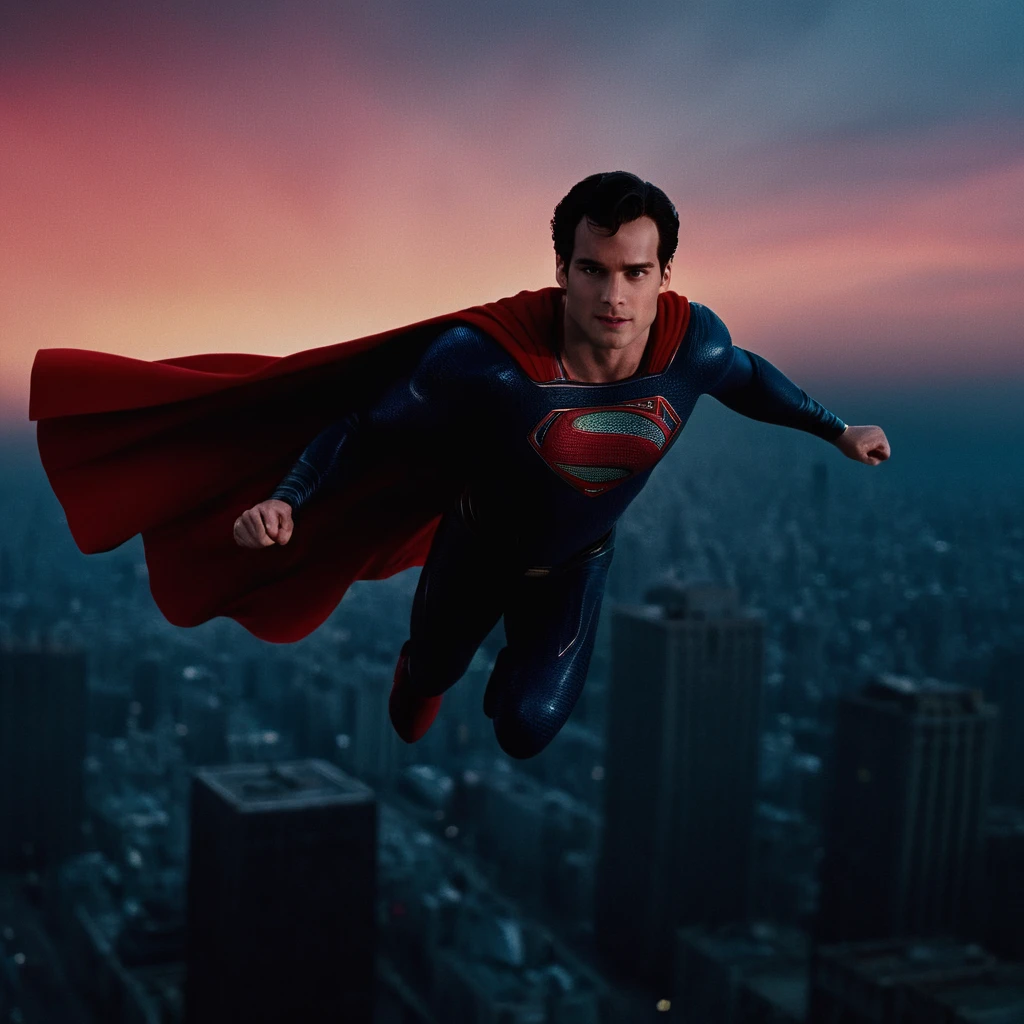 cinematic film still of <lora:Superman v2:1>
Kal-El, Kryptonian, Man of Steel, Superman a superman flying over a city with a red sky,solo,blue eyes,black hair,1boy,male focus,blurry,flying,city,superhero, shallow depth of field, vignette, highly detailed, high budget, bokeh, cinemascope, moody, epic, gorgeous, film grain, grainy