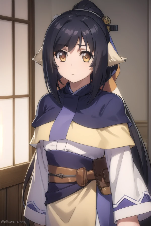 utawarerumonokuon, <lora:utawarerumono kuon s2-lora-nochekaiser:1>,
kuon, long hair, black hair, hair ornament, animal ears, (brown eyes:1.5), very long hair, ponytail, low-tied long hair,
BREAK tail, robe, long sleeves, capelet, wide sleeves,
BREAK outdoors,
BREAK looking at viewer, (cowboy shot:1.5),
BREAK <lyco:GoodHands-beta2:1>, (masterpiece:1.2), best quality, high resolution, unity 8k wallpaper, (illustration:0.8), (beautiful detailed eyes:1.6), extremely detailed face, perfect lighting, extremely detailed CG, (perfect hands, perfect anatomy),