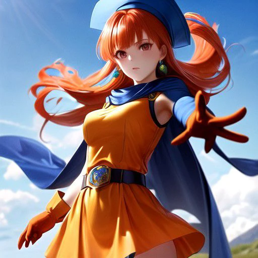 Alena is an amazing girl, red eyes, orange long hair, splashed hair tips,  blue hat, earrings, blue cape, yellow dress, short sleeves, belt, gloves,  skirt,  ( low saturation) , in wild, beautiful sky, Fixhand