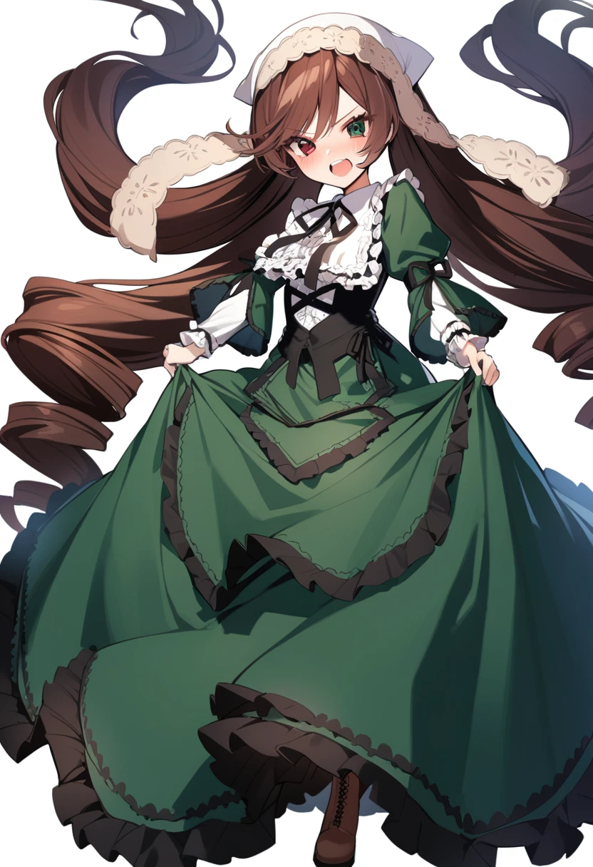 1girl, suiseiseki, solo, long hair, very long hair, dress, heterochromia, brown hair, open mouth, green eyes, green dress, red eyes, white background, blush, long sleeves, looking at viewer, simple background, ribbon, skirt hold, boots, frills, full body, black ribbon, absurdly long hair, teeth, drill hair, brown footwear, v-shaped eyebrows, standing, masterpiece, best quality, late, <lora:char - suiseiseki - v1 - bionagato:1>