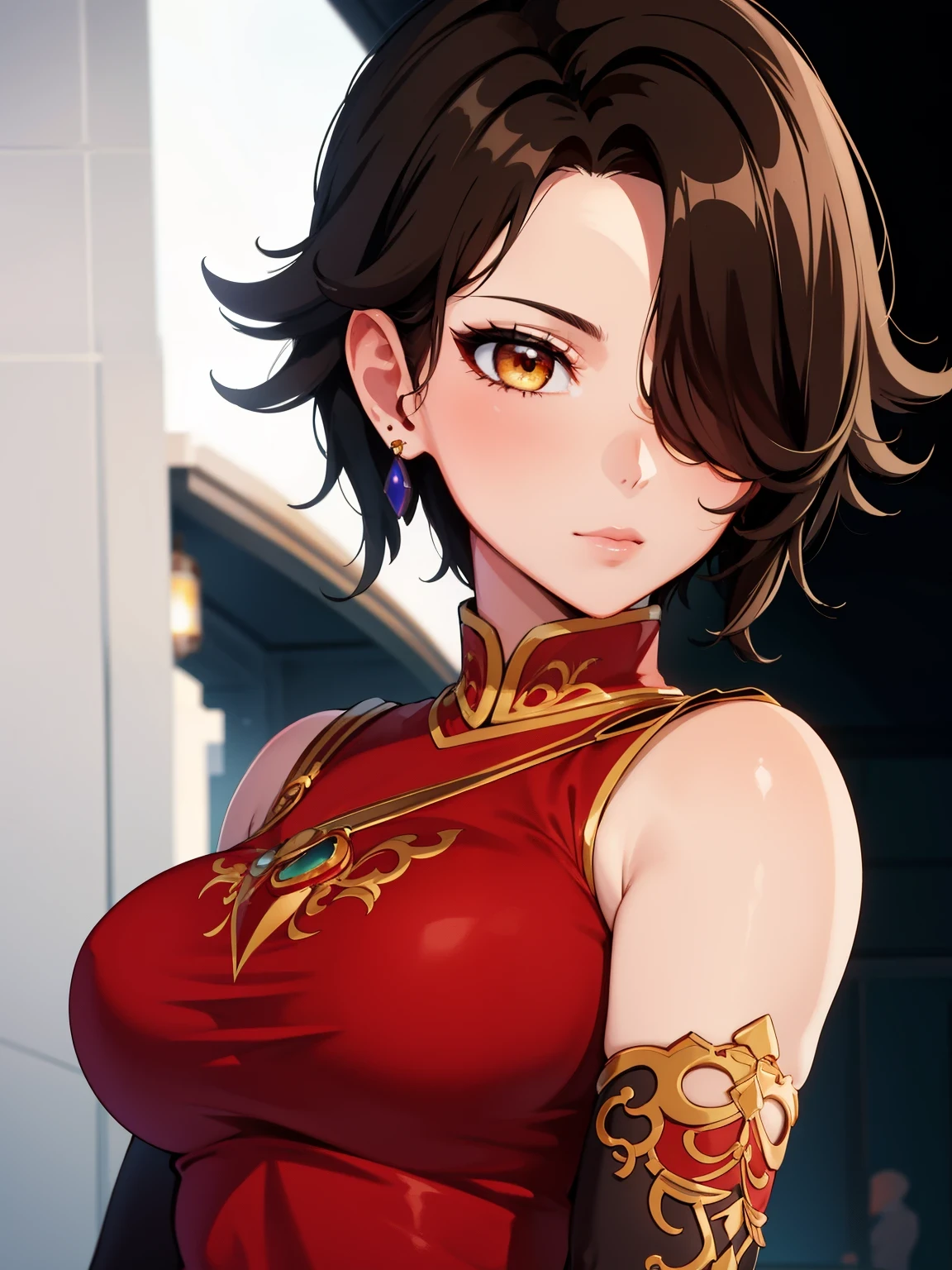 (masterpiecer, best quality, ultra-detailed), CinderFall, yellow eyes, short hair, black hair, hair over one eye, jewelry, earrings, black gloves, elbow gloves, scar, red dress, china dress, (portrasit shot, upper body), looking at viewer