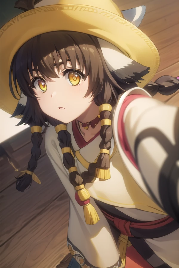utawarerumonoanju, <lora:utawarerumono anju s2-lora-nochekaiser:1>,
anju, long hair, brown hair, black hair, animal ears, hair between eyes, (yellow eyes:1.5), braid, twin braids,
BREAK hat, robe, long sleeves,
BREAK outdoors,
BREAK looking at viewer, (cowboy shot:1.5),
BREAK <lyco:GoodHands-beta2:1>, (masterpiece:1.2), best quality, high resolution, unity 8k wallpaper, (illustration:0.8), (beautiful detailed eyes:1.6), extremely detailed face, perfect lighting, extremely detailed CG, (perfect hands, perfect anatomy),