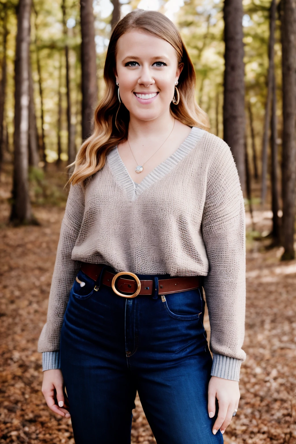 a RAW photo, portrait of brookebliss, wearing sweater, jeans, belt, forest <lora:BrookeBliss:1>
