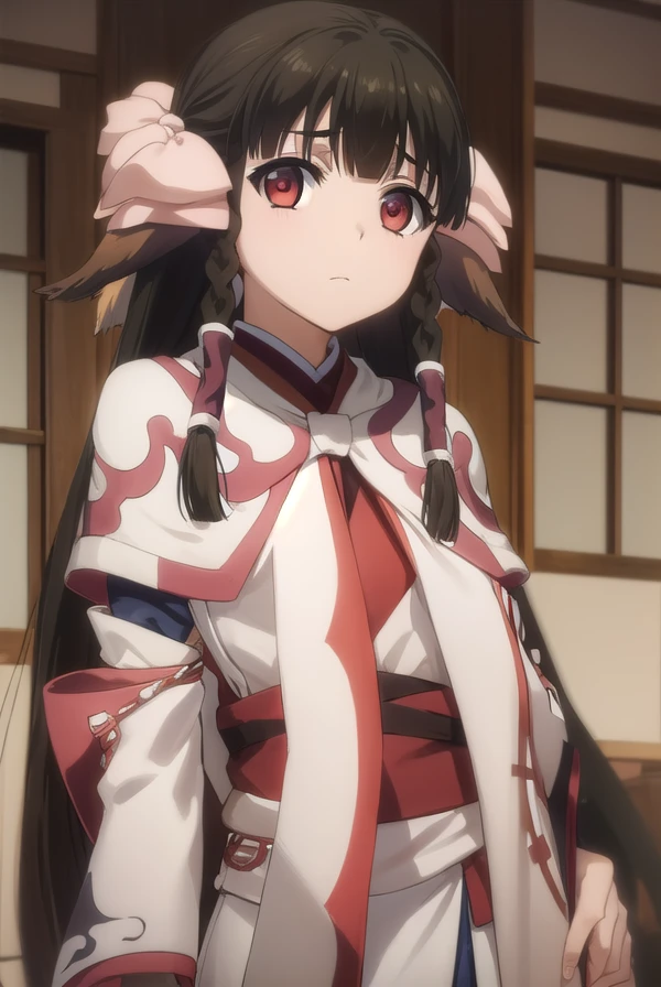 utawarerumonorurutie, <lora:utawarerumono rurutie s2-lora-nochekaiser:1>,
rurutie, long hair, bangs, black hair, animal ears, sidelocks, hair tubes, (red eyes:1.3), bow, hair bow, braid, twin braids,
BREAK long sleeves, tail, ainu clothes, capelet, wide sleeves,
BREAK outdoors,
BREAK looking at viewer, (cowboy shot:1.5),
BREAK <lyco:GoodHands-beta2:1>, (masterpiece:1.2), best quality, high resolution, unity 8k wallpaper, (illustration:0.8), (beautiful detailed eyes:1.6), extremely detailed face, perfect lighting, extremely detailed CG, (perfect hands, perfect anatomy),