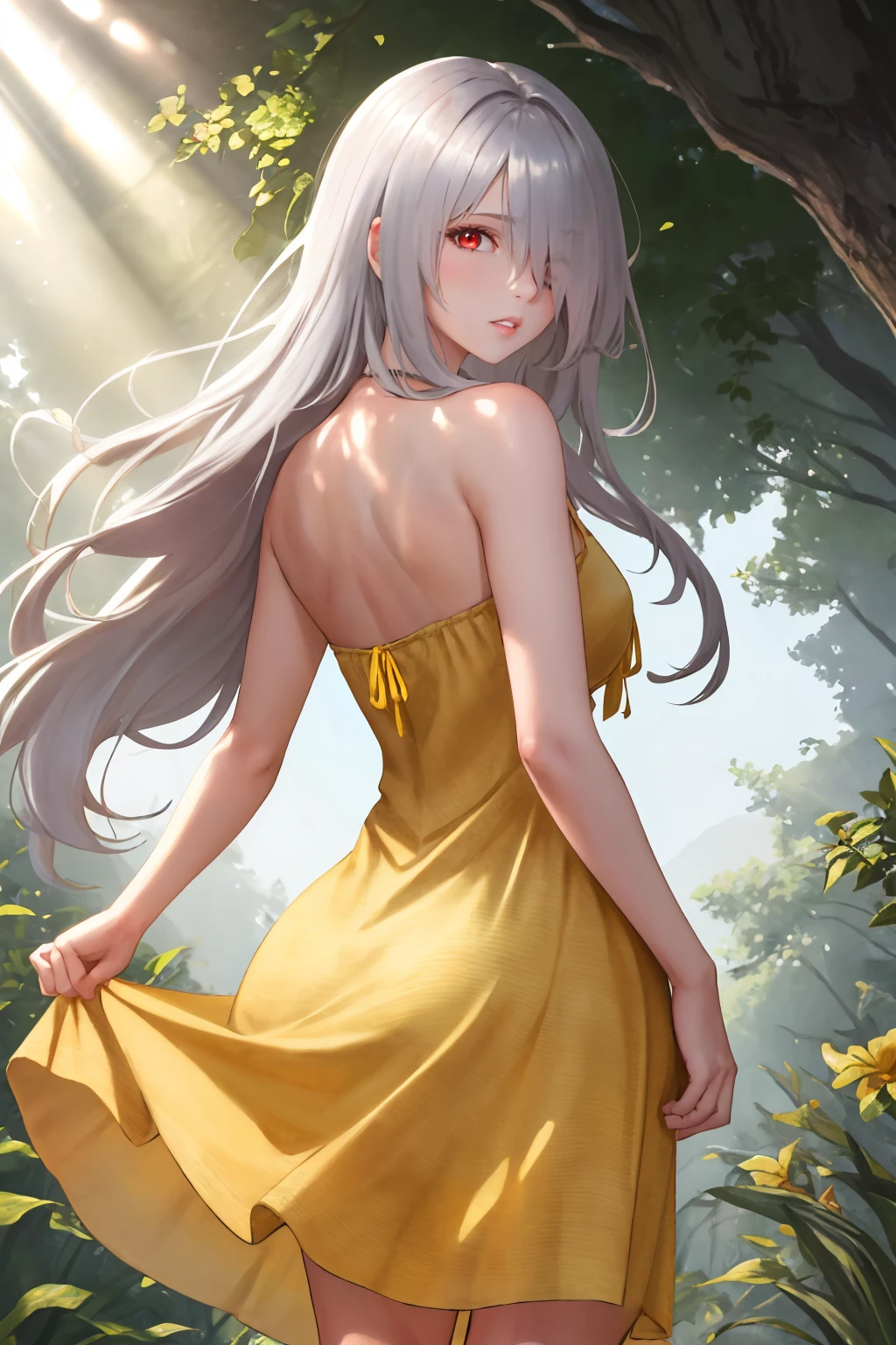 masterpiece, best quality, 1girl, solo, <lora:pk-gfl-richy-v1:1> pkrnd, red eyes, hair over one eye, looking back, looking at viewer, parted lips, standing, from behind, (yellow sundress, dappled sunlight:1.3), sunbeam, garden, forest