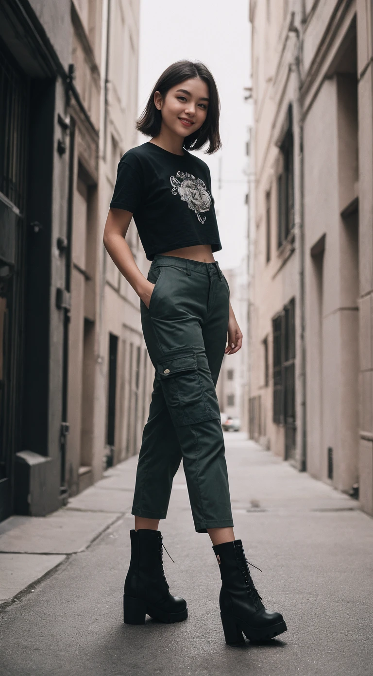 masterpiece, best quality,cinematic lighting,Photography Film Print,from below,1girl,light smile, two side up,Cargo pants, cropped t-shirt, and combat boots.,