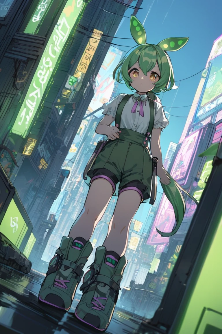 1girl, suspenders, low ponytail, confused, cyberpunk city, dutch angle, zundalora, <lora:zundalora_charaLoRA_XL_AMG:0.8:lbw=1,0,1,0,1,1,0.7,1,0,0,0,0>