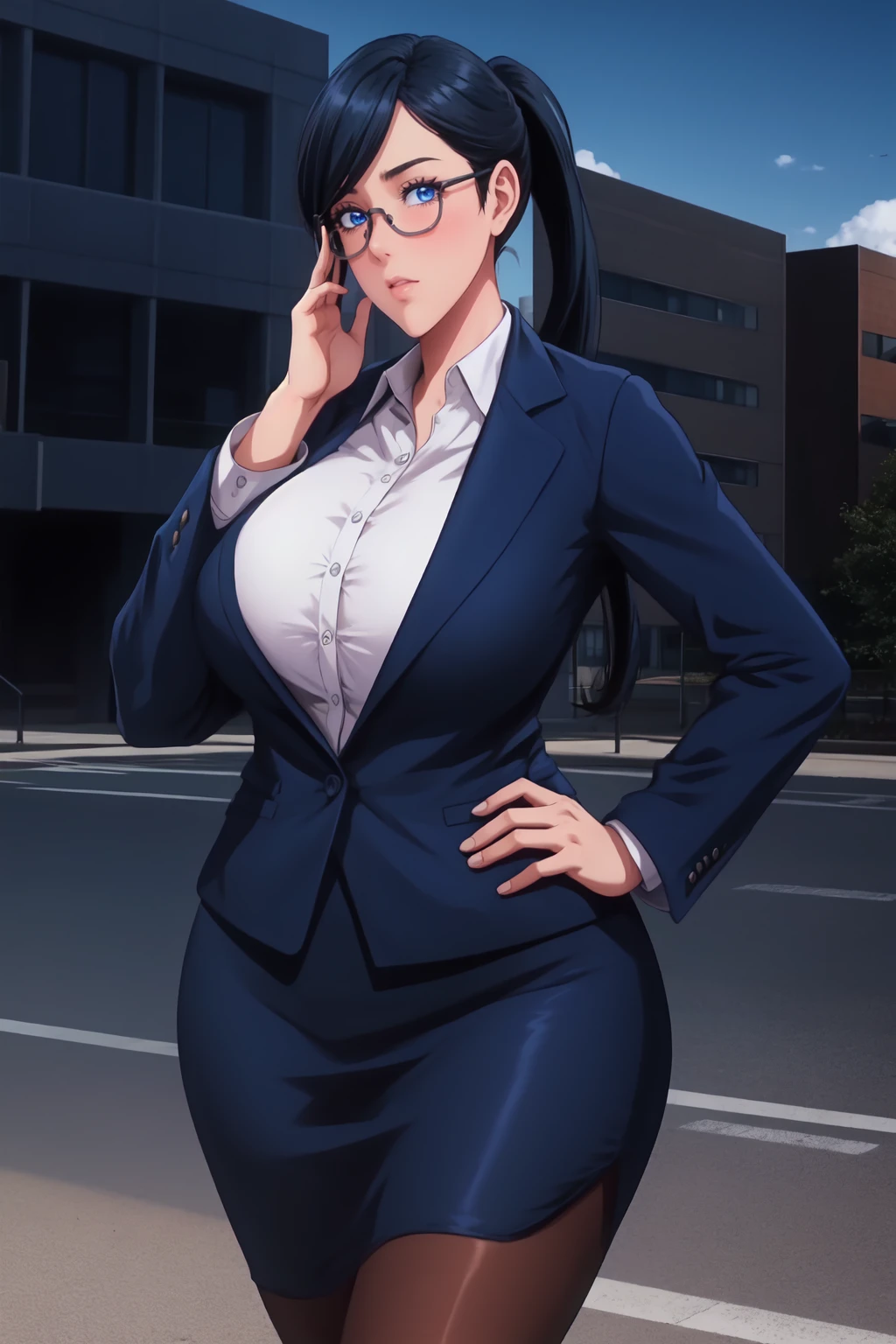 (high quality:1.1), detailed, cinematic lighting, shadows, official art,
TakamineAyako, 1girl, solo, mature female, milf, standing, (hand on own face:1.1), (hand on glasses:1.2), hand on hip,  cowboy shot,
looking at viewer, confident, determined, blush,
black hair, blue hair, long hair, ponytail, eyelashes, blue eyes, semi-rimless eyewear
black blazer, white shirt, pencil skirt, pantyhose,
curvy, large breasts, thighs, 
city park, day, complex background, absurdres, sky,
<lora:TakamineAyako:1>