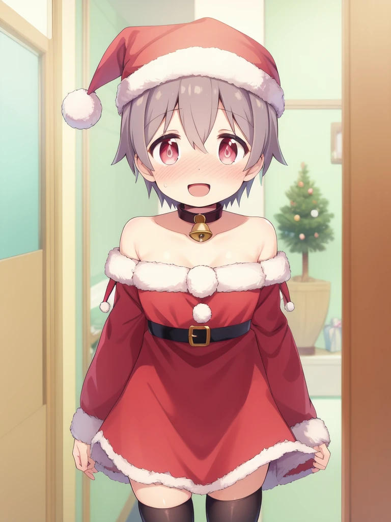 <lora:Senkawa_Minato:0.8>, SenkawaMinato, 1boy, soro, dress, otokonoko, thighhighs, fur-trimmed dress, blush, hat, santa hat, long sleeves, fur trim, bare shoulders, fur-trimmed sleeves, santa costume, neck bell, bell, off-shoulder dress, looking at viewer, open mouth, fur-trimmed headwear, off shoulder, collar, strapless dress, sleeves past wrists, collarbone, hoshizora rin, solo focus, nose blush, :d, strapless, smile, standing, belt,
masterpiece, high quality, very_high_resolution, large_filesize, full color,