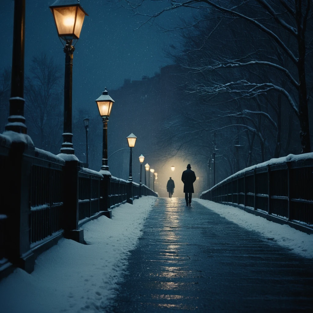 cinematic film still of  <lora:Low-key lighting Style:1>
dim light, low light, dramatic light, partially covered in shadow, a bridge with a lamp post and a person walking on it Low-key lighting Style,outdoors,sky,night,building,scenery,snow,rain,snowing,road,dark,lamppost,street, shallow depth of field, vignette, highly detailed, high budget, bokeh, cinemascope, moody, epic, gorgeous, film grain, grainy