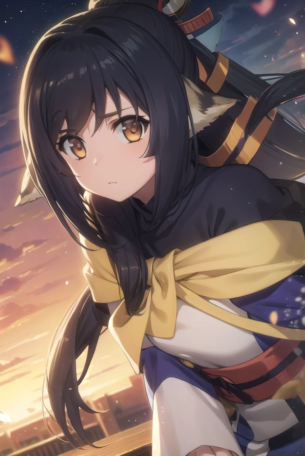 utawarerumonokuon, <lora:utawarerumono kuon s2-lora-nochekaiser:1>,
kuon, long hair, black hair, hair ornament, animal ears, (brown eyes:1.5), very long hair, ponytail, low-tied long hair,
BREAK tail, robe, long sleeves, capelet, wide sleeves,
BREAK outdoors,
BREAK looking at viewer, (cowboy shot:1.5),
BREAK <lyco:GoodHands-beta2:1>, (masterpiece:1.2), best quality, high resolution, unity 8k wallpaper, (illustration:0.8), (beautiful detailed eyes:1.6), extremely detailed face, perfect lighting, extremely detailed CG, (perfect hands, perfect anatomy),