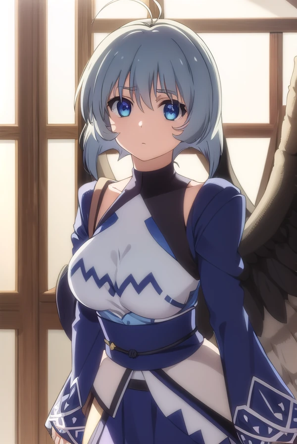 utawarerumonokamyu, <lora:utawarerumono kamyu s2-lora-nochekaiser:1>,
kamyu, short hair, blue eyes, ahoge, antenna hair,
BREAK dress, wings, black wings, blue dress, long sleeves, puffy sleeves,
BREAK outdoors,
BREAK looking at viewer, (cowboy shot:1.5),
BREAK <lyco:GoodHands-beta2:1>, (masterpiece:1.2), best quality, high resolution, unity 8k wallpaper, (illustration:0.8), (beautiful detailed eyes:1.6), extremely detailed face, perfect lighting, extremely detailed CG, (perfect hands, perfect anatomy),