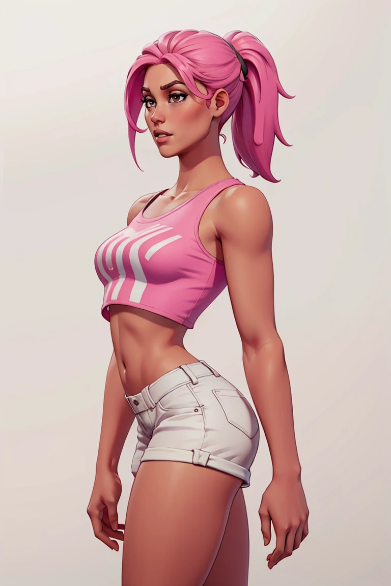 <lora:VRAMsRamirez:0.7> vramsramirez, 1girl, solo, long ponytail, pink hair, white background, crop top, three quarter view, parted lips, short shorts, posing, ha