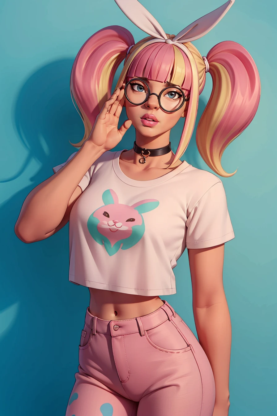 <lora:VRAMsLace:0.6> vramslace, 1girl, solo, long hair, looking at viewer, bangs, blonde hair, shirt, navel, animal ears, twintails, pink hair, multicolored hair, glasses, choker, midriff, pants, blunt bangs, rabbit ears, two-tone hair, lips, crop top, v, blue background, t-shirt, black-framed eyewear, print shirt