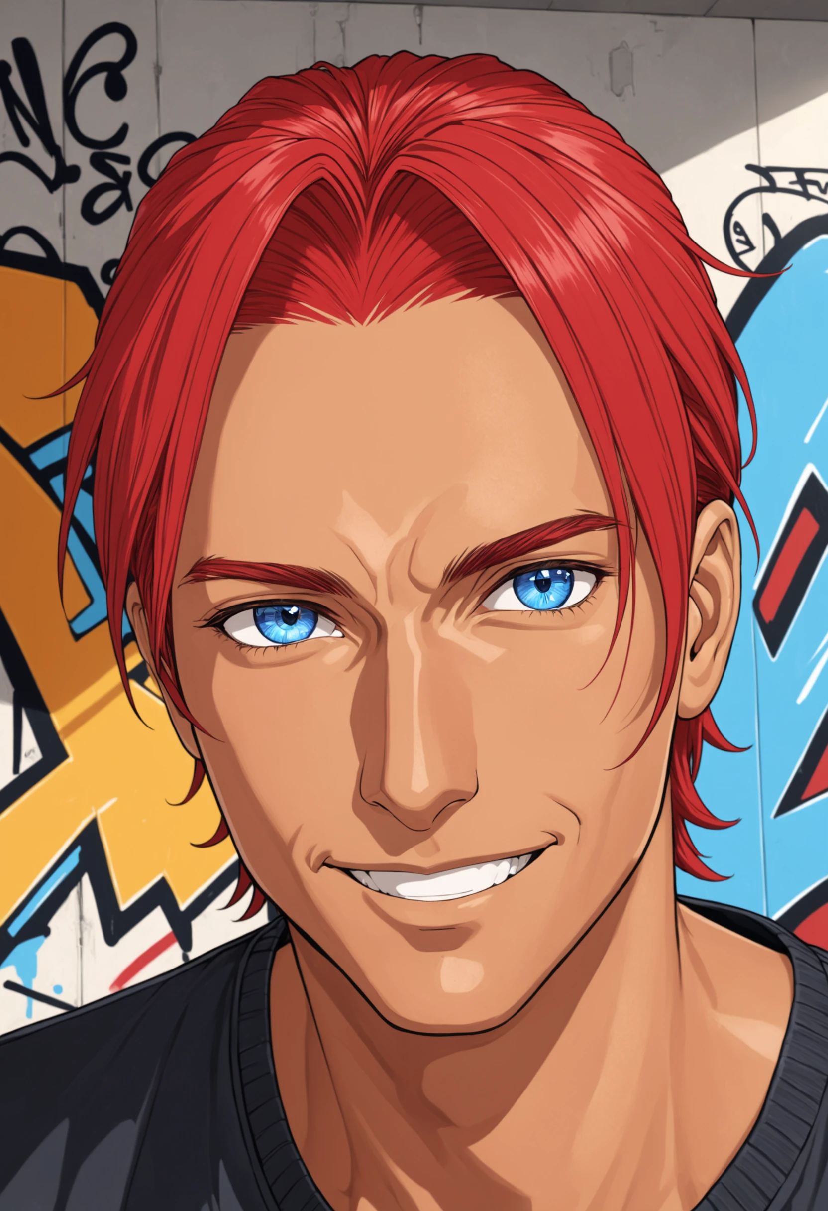 Charlie Pe'kova, ((masterpiece, best quality)), 1boy, male focus, mature male, tanned skin, tan, solo, looking at viewer, short hair, blue eyes, smile, shirt, red hair, indoors, graffiti, extremely detailed, detailed eyes, detailed face, <lora:CharlieRodriguezXL:0.4>
