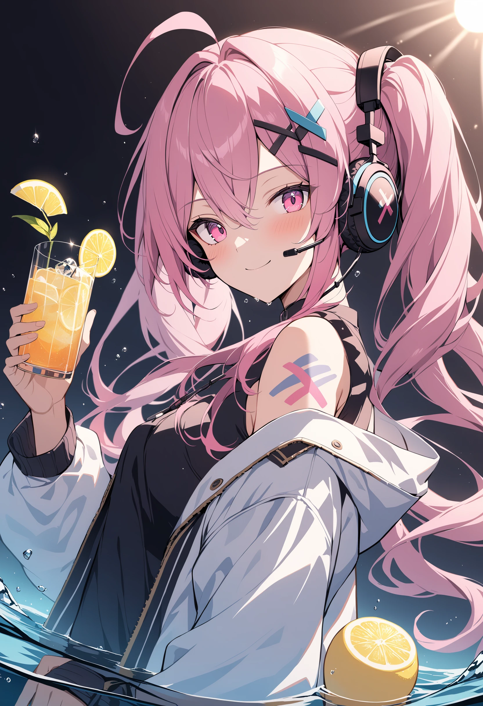 1boy, porcelainearthxl, ahoge, bare shoulders, blush, closed mouth, cup, drinking glass, food, frills, fruit, hair between eyes, hair ornament, hairclip, headphones, headset, holding, holding cup, ice cube, jacket, lemon, lemon slice, long hair, long sleeves, looking at viewer, off shoulder, open clothes, open jacket, partially submerged, pink eyes, pink hair, puffy long sleeves, puffy sleeves, shirt, shoulder tattoo, simple background, sleeveless, sleeveless shirt, smile, solo, twintails, upper body, very long hair, water, white background, white jacket, x hair ornament, cinematic angle, cinematic lighting, foreshortening, dark, dark background, masterpiece, best quality , <lora:PorcelainEarthXL:0.45>
