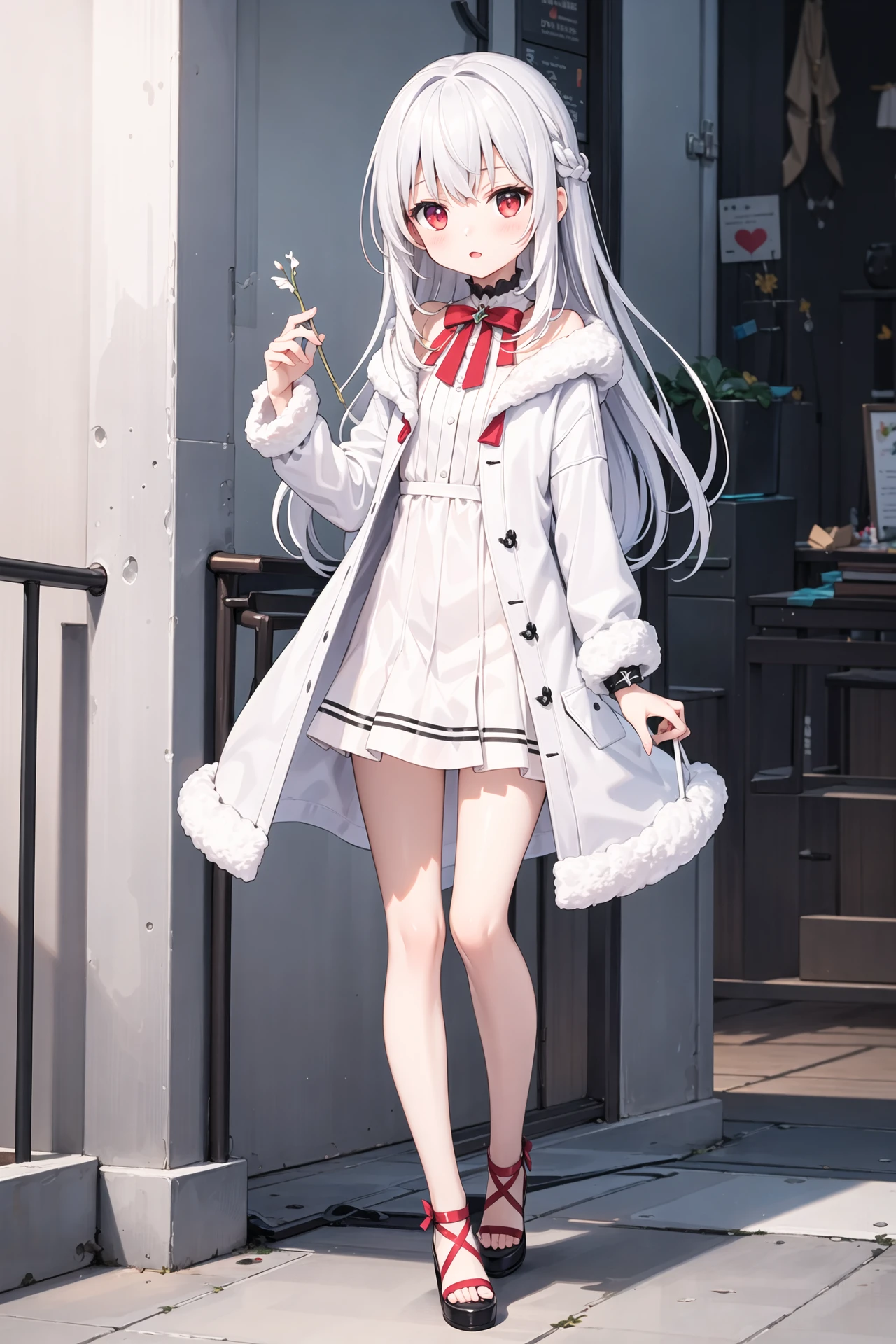 (((masterpiece))), best quality, illustration, young girl, 1girl with light white long hair, beautiful detailed red eyes, light white long straight hair, ((cute)), (petite), slim, coat, solo, solo focus, standing, white wall, full body