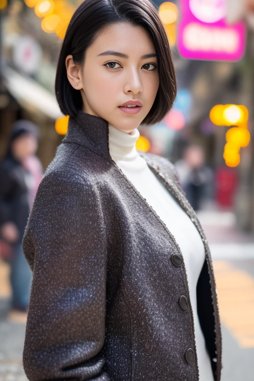 1girl,(RAW photo, best quality), (realistic, photo-realistic:1.4), masterpiece, an extremely delicate and beautiful, extremely detailed, 2k wallpaper, Amazing, finely detail, extremely detailed CG unity 8k wallpaper, ultra-detailed, highres, soft light, beautiful detailed girl, extremely detailed eyes and face, beautiful detailed nose, beautiful detailed eyes,cinematic lighting,perfect anatomy,slender body,(bokeh:1.3)
in front of izakaya,narrow street like nakano,lights reflected on wet floor,after rain,night time,shop sign lights,winter night
(wearing cashmere jacket),(turtleneck)
 <lora:miyoshiayaka_lora:0.8>