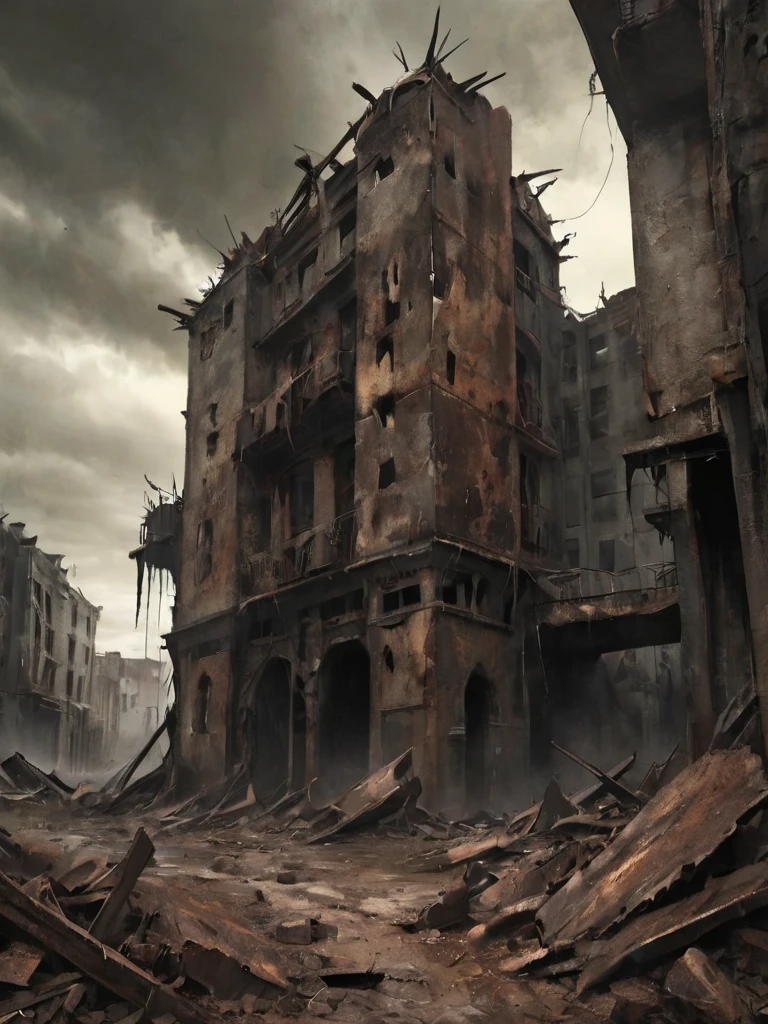 mkitdecy, drawing, of a rusty decayed city under a blanket of broken dust, deep shadows, high quality, high resolution, cinematic, dark, <lora:- SDXL - mkitdecy_let_it_decay_V1.0:.7>
