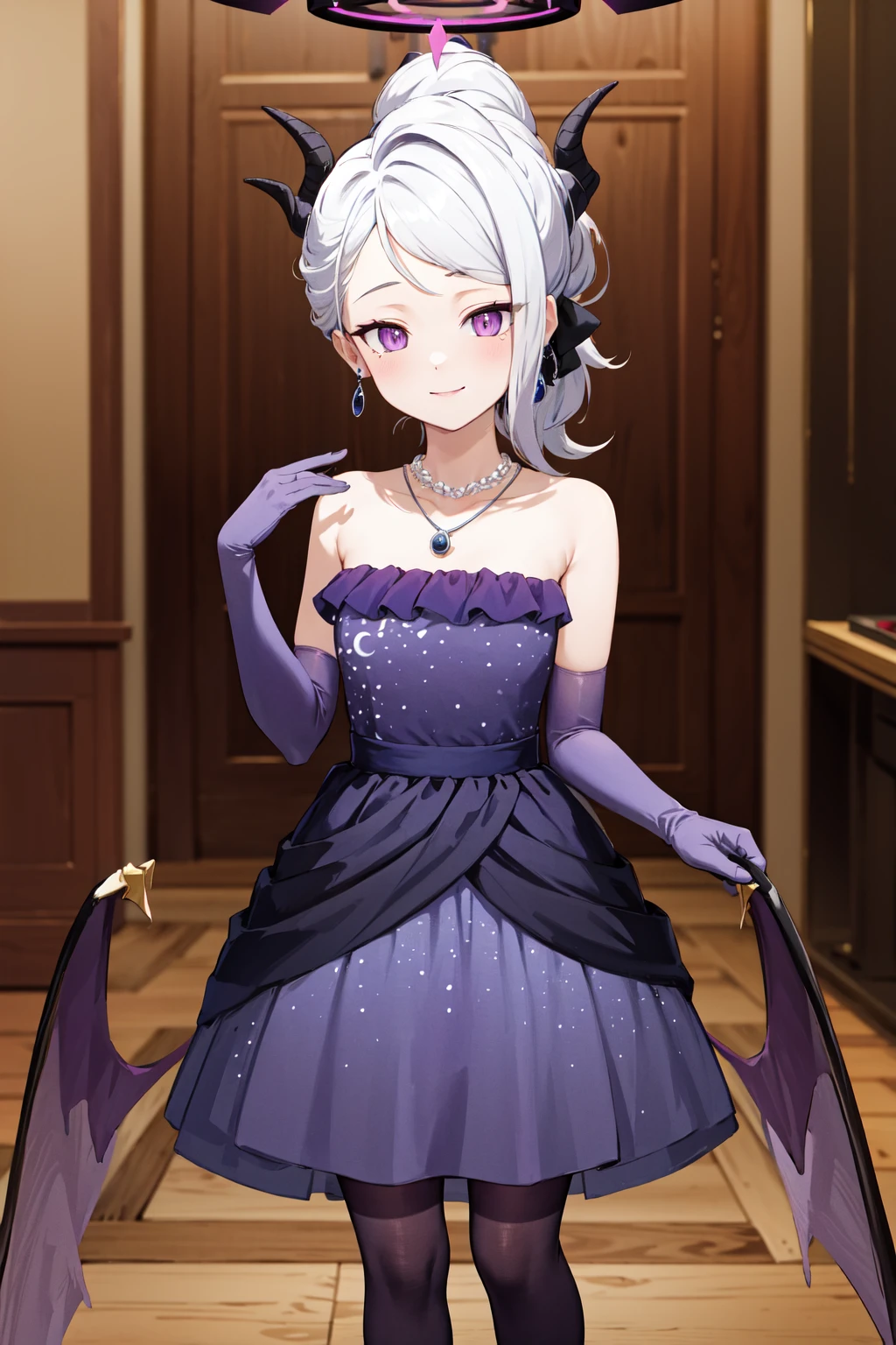 masterpiece,best quality,highres,ultra-detailed,cchina,halo,horns,long hair,ponytail,sidelocks,parted bangs,earrings,necklace,strapless dress,purple dress,elbow gloves,purple gloves,(wings:1.2),low wings,(purple pantyhose:1.2),black footwear,<lora:hina_(blue_archive):0.9>,indoors,cowboy shot,standing,smile,