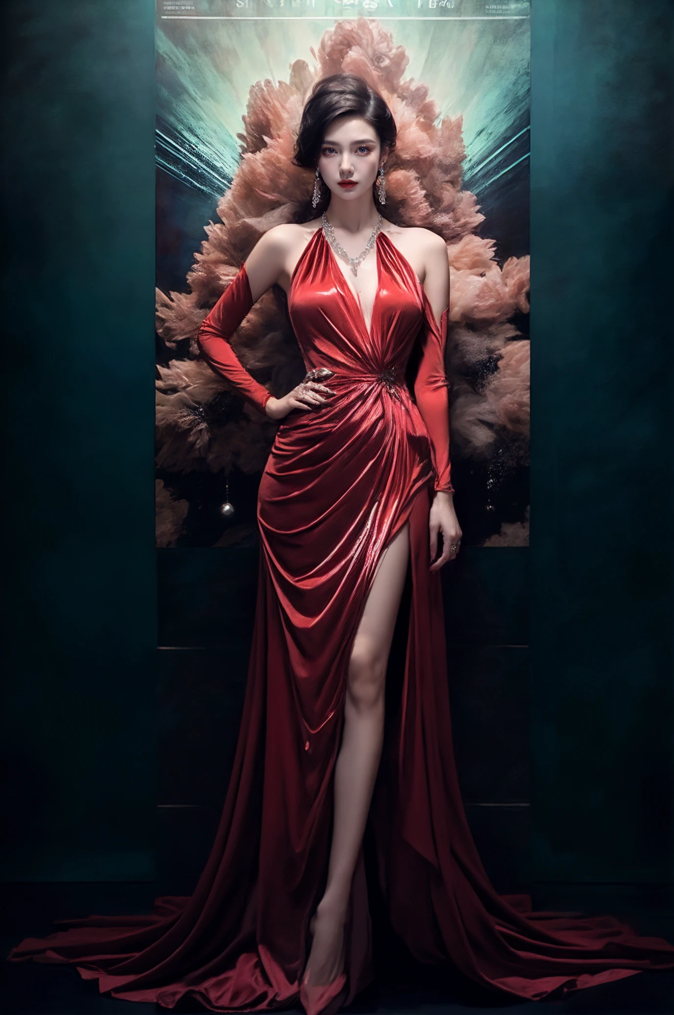 1girl, soloexposed collarbone, exposed shoulders(Milky skin:1.2), (shiny skin:1.4)blue eyes
jewelrynecklaceearringsmakeup(red dress:1.3)(full body:0.8),
A shot with tension(Visual impact,giving the poster a dynamic and visually striking appearance:1.2),
<lora:~Q?-[TV2 xuer peacock feather:0.8>