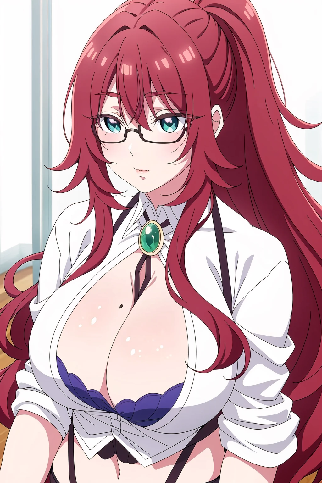 Simple White Background,
white shirt,long sleeves,purple bra,cleavage cutout,
<lora:Kusuri_Yakuzen_100Girlfriends-KK77-V1:0.7>,semi-rimless eyewear,necklace, jewelry, gem,
Green eyes, red hair,bangs,Long hair,wavy hair,lipstick, high ponytail,
<lora:Oda_Non_Style-KK77-V2:0.3>,<lora:more_details:0.1>,
1 girl, 20yo,Young female,Beautiful long legs,Beautiful body,
Beautiful Nose,Beautiful character design, perfect eyes, perfect face,expressive eyes,perfect balance,
looking at viewer,(Focus on her face),closed mouth, (innocent_big_eyes:1.0),(Light_Smile:0.3),
official art,extremely detailed CG unity 8k wallpaper, perfect lighting,Colorful, Bright_Front_face_Lighting,White skin,
(masterpiece:1.0),(best_quality:1.0), ultra high res,4K,ultra-detailed,
photography, 8K, HDR, highres, absurdres:1.2, Kodak portra 400, film grain, blurry background, bokeh:1.2, lens flare, (vibrant_color:1.2),professional photograph,
(Beautiful,large_Breasts:1.4), (beautiful_face:1.5),(narrow_waist),