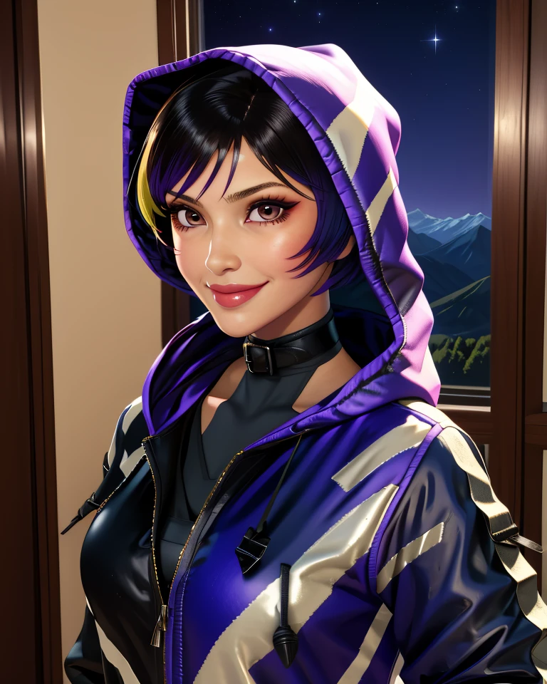 Reina,two-tone hair,brown eyes,smile,
black and purple jacket,hood up,collar,
standing,upper body,
night,mountain,castle,indoors,
(insanely detailed, masterpiece, best quality),<lora:Reina:0.9>,