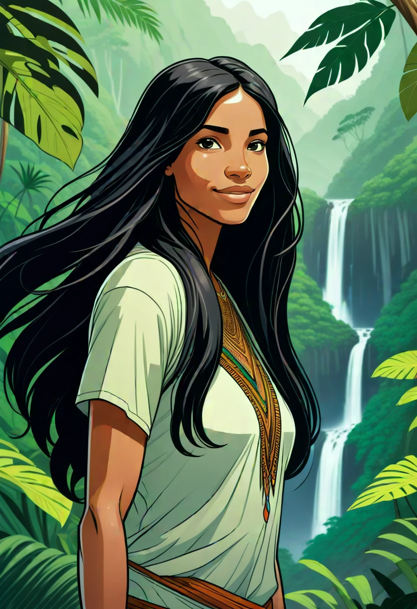 sideways portrait of indigenous brazilian woman, happy, flowing hair, dark hair, rainforest in the background, rule of thirds, in amazoniacore manga book style