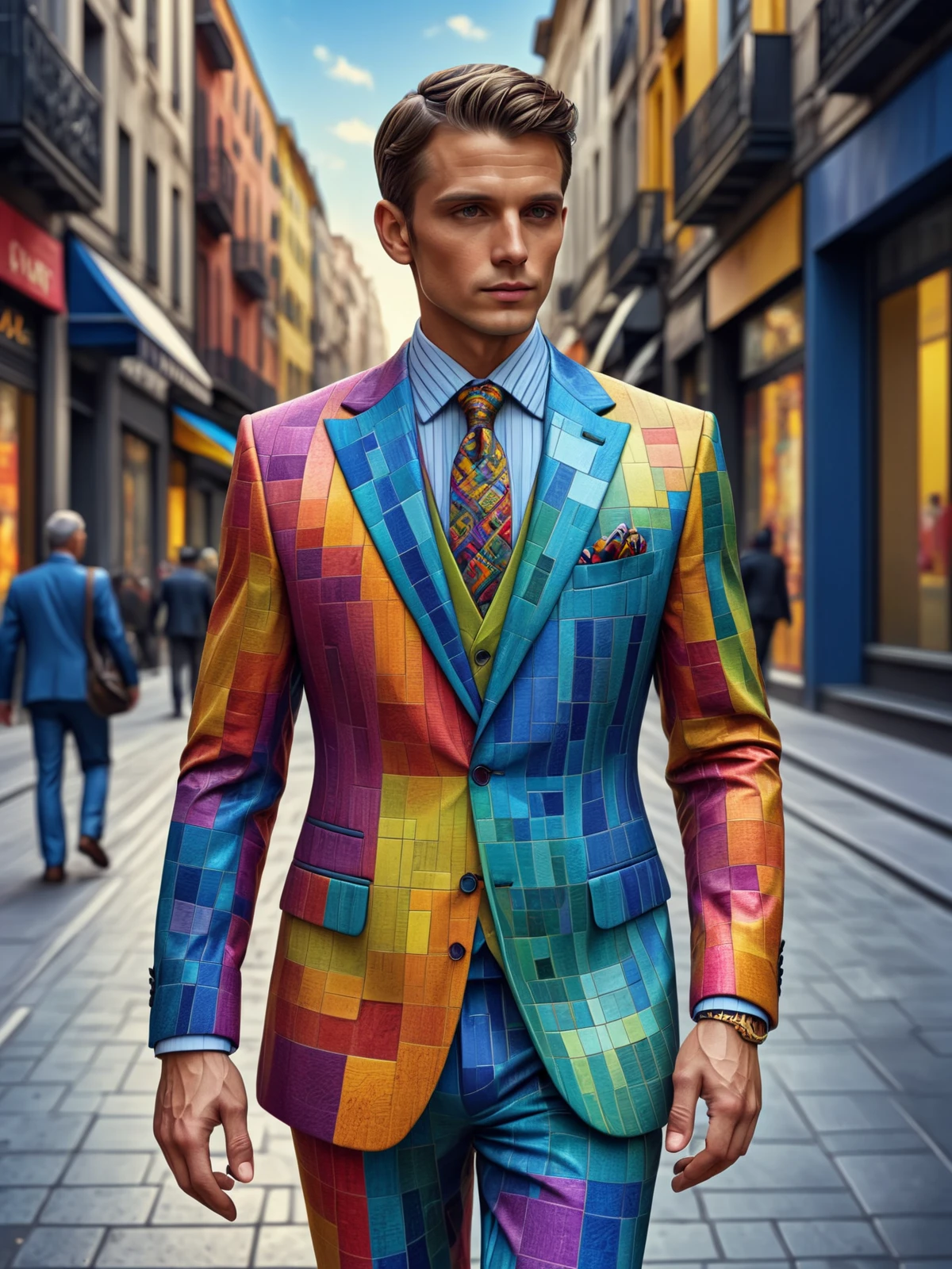 man wearing a colorful mad-tilestyle suit walking through city <lora:Colorful_Tile_Style_SDXL:1>, (masterpiece:1.2), best quality, (hyperdetailed, highest detailed:1.2), high resolution textures