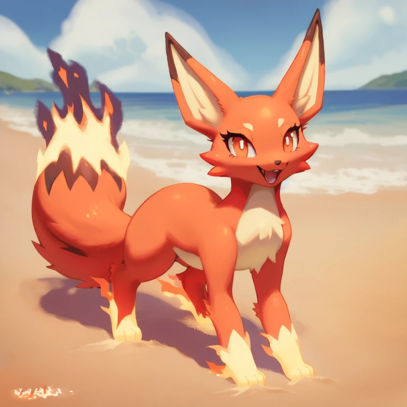 <lora:Foxparks_Palworld_v1.0_:1>  palfoxparks, feral, solo, female, looking at viewer, beach, smile, open mouth, orange eyes, by wkar, by waspsalad