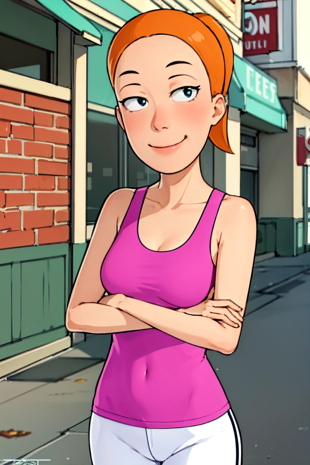 summer.smith, orange hair, 1girl, ponytail, solo, pink tank top, white pants, smile, breasts,looking at viewer, smile, crossed arms, <lora:summer2-000007:0.7>
