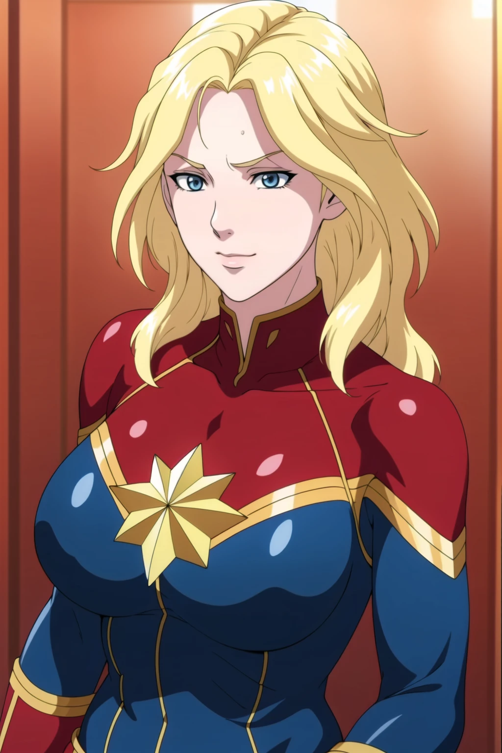 Simple red Background,
bodysuit,blue and red outfit,
<lora:Captain_Marvel_Avengers-KK77-V1:0.7>,captain costume,
blue eyes, blonde hair,bangs,Long hair,
<lora:Oda_Non_Style-KK77-V2:0.3>,<lora:more_details:0.1>,
1 girl, 20yo,Young female,Beautiful long legs,Beautiful body,
Beautiful Nose,Beautiful character design, perfect eyes, perfect face,expressive eyes,perfect balance,
looking at viewer,(Focus on her face),closed mouth, (innocent_big_eyes:1.0),(Light_Smile:0.3),
official art,extremely detailed CG unity 8k wallpaper, perfect lighting,Colorful, Bright_Front_face_Lighting,White skin,
(masterpiece:1.0),(best_quality:1.0), ultra high res,4K,ultra-detailed,
photography, 8K, HDR, highres, absurdres:1.2, Kodak portra 400, film grain, blurry background, bokeh:1.2, lens flare, (vibrant_color:1.2),professional photograph,
(Beautiful,large_Breasts:1.4), (beautiful_face:1.5),(narrow_waist),